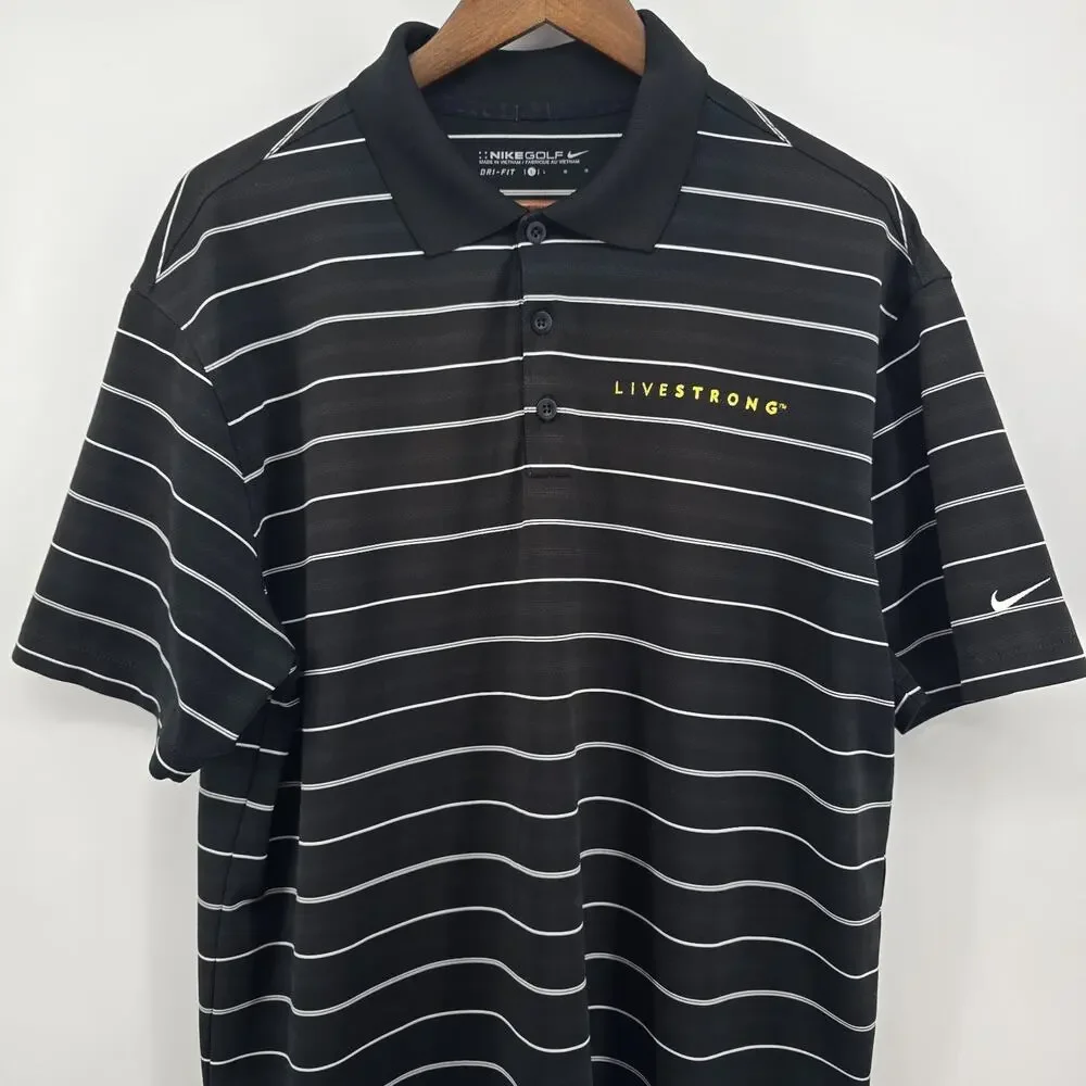 Nike Golf Dri-Fit Shirt Polo Mens L‎ Black Stripes Livestrong Rugby Performance